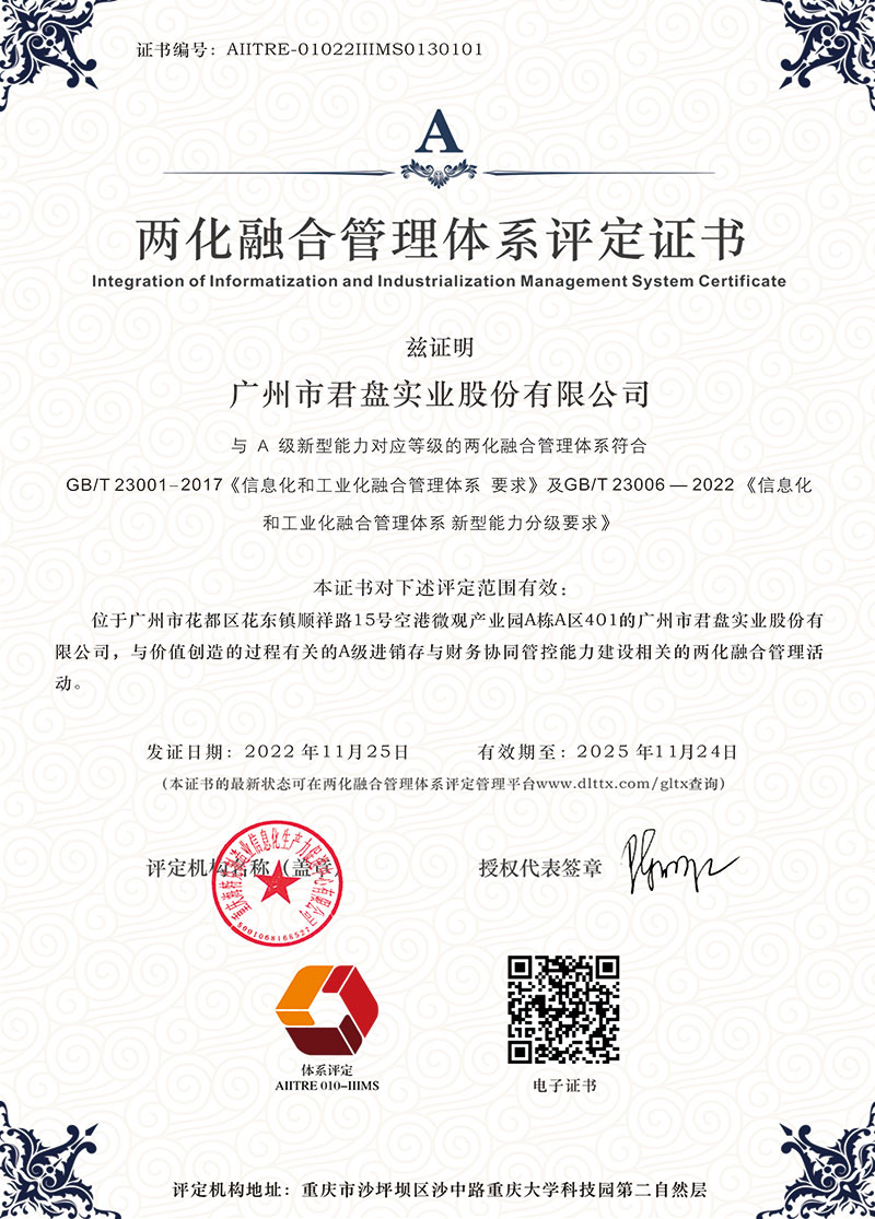 兩化融合管理體系評定證書 